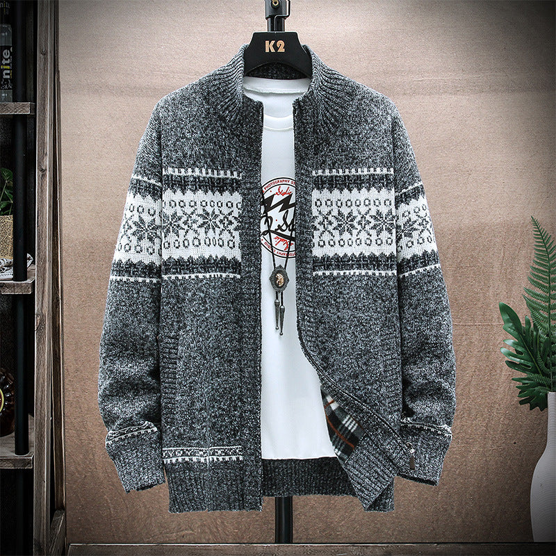 Men's Printed Stand-Collar Cardigan Jacket for Warmth Pi-Mart