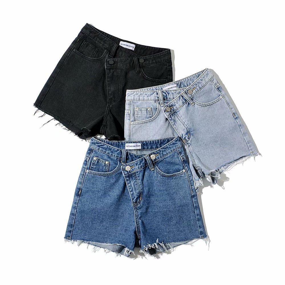 Asymmetrical Slanted Denim Shorts Pi-Mart