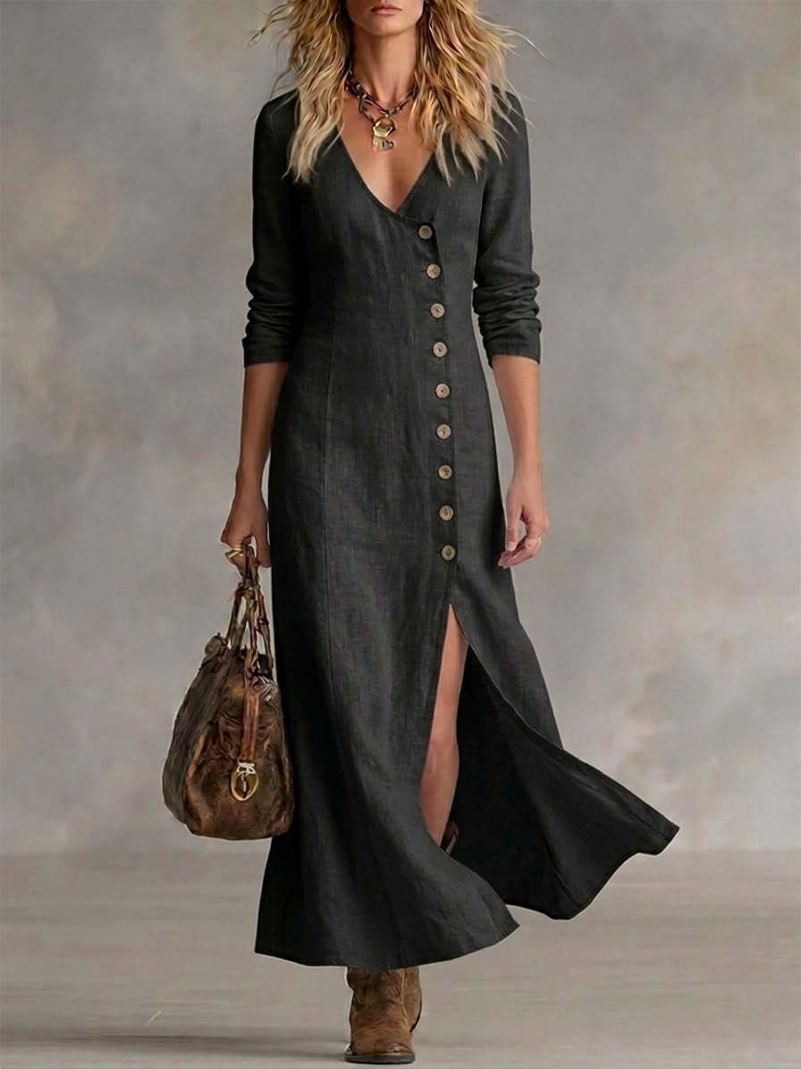 Fashionable Casual Cotton-Linen Long-Sleeve Womens Dress NorixaFashion.com