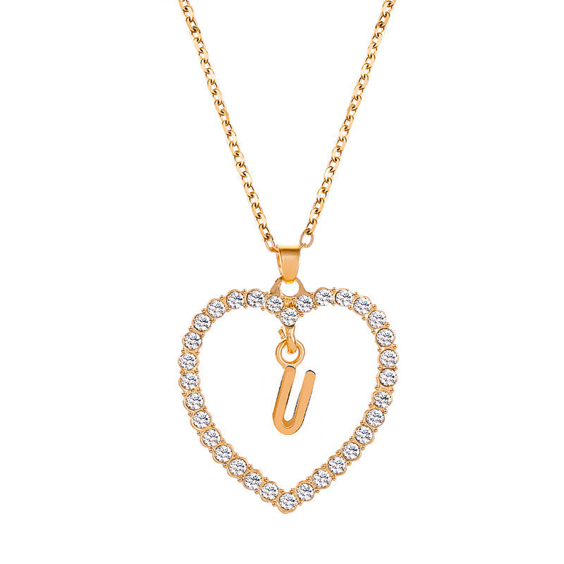 Womens Stylish & Minimalist Diamond-Encrusted 26-Letter Heart Pendant Necklace LuxuryLifeWay Online Store