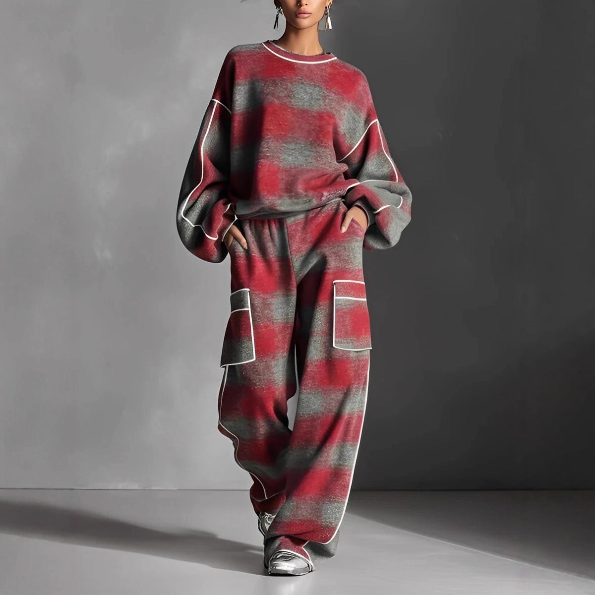 Women's Independent Brand Street Style Distressed Plaid Pantsuit With Contrasting Piping Best YouTube Store