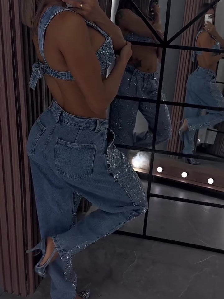 Elegant Glittery Denim Crop Top And Pants Ensemble NorixaFashion.com