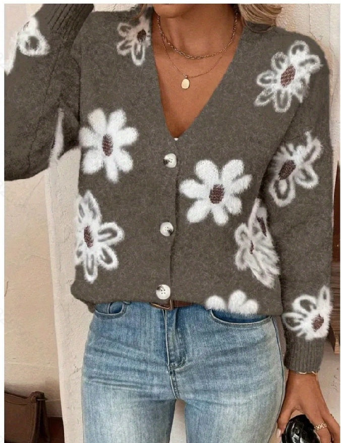 Flowers Print Button Front Cardigan NorixaFashion.com