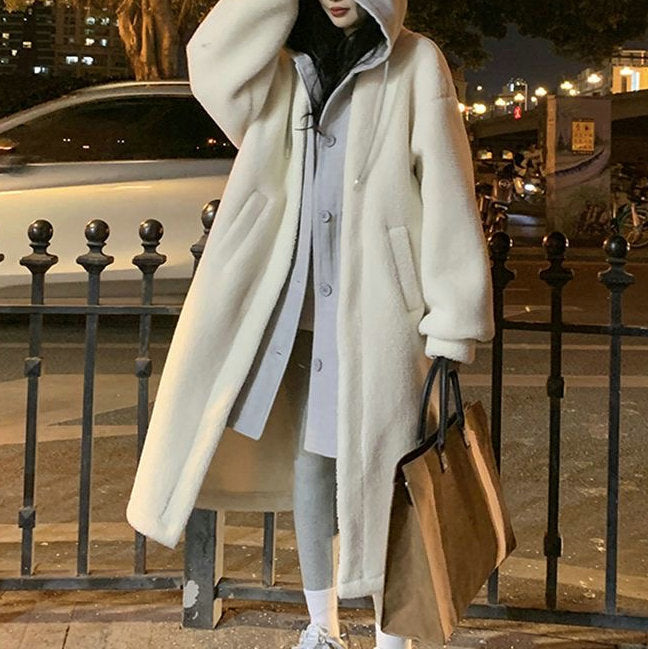 Long Hooded Dress Coat Lambswool All-match Loose Fashionable Jacket LuxuryLifeWay Online Store