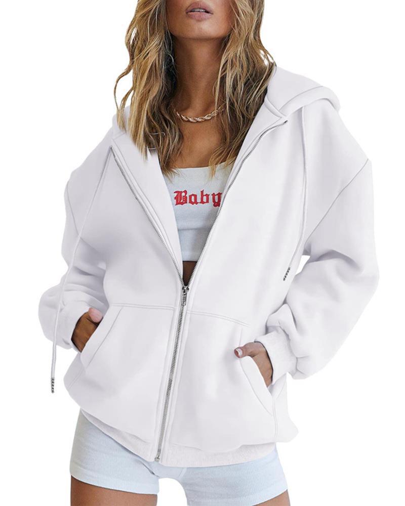 Women's Fashion Casual Solid Color Drawstring Zipper Hooded Sweatshirt LadyShow.Store
