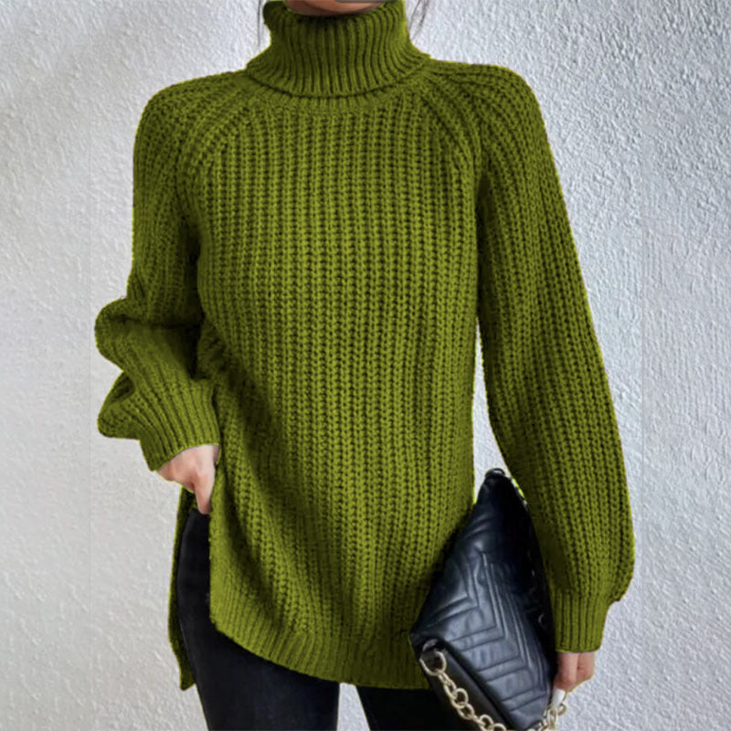 Turtleneck Pullover Sweater With Split Design Fashion Simple Solid Color Long Sleeve Tops Women's Clothing LadyShow.Store