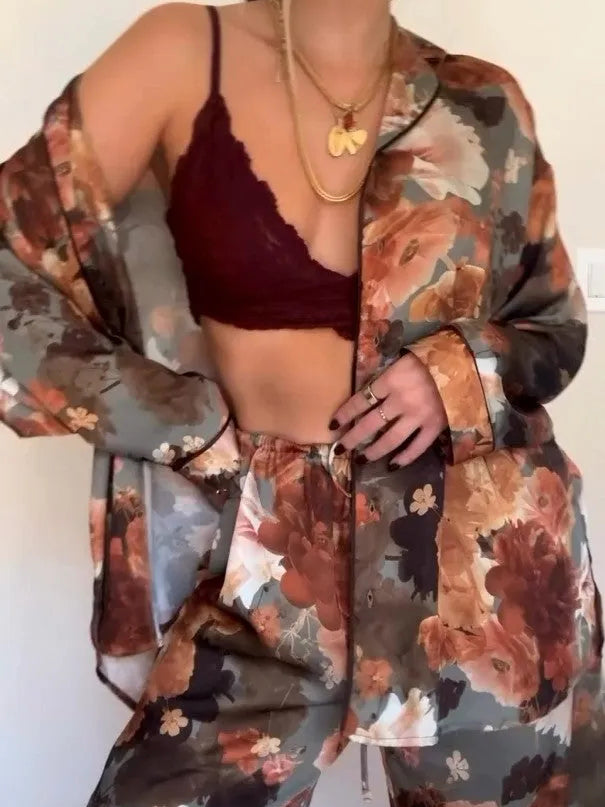 Vintage Floral Print Satin Pajama Set NorixaFashion.com