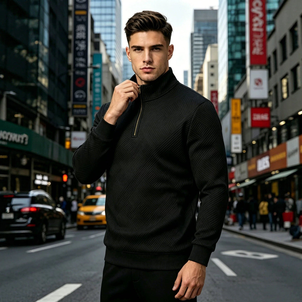 Men's Half-Zip Stand-Up Collar Knit Pullover With Jacquard Texture, 2026 Autumn-Winter Leisure Long-Sleeve Hooded Jacket NorixaFashion.com