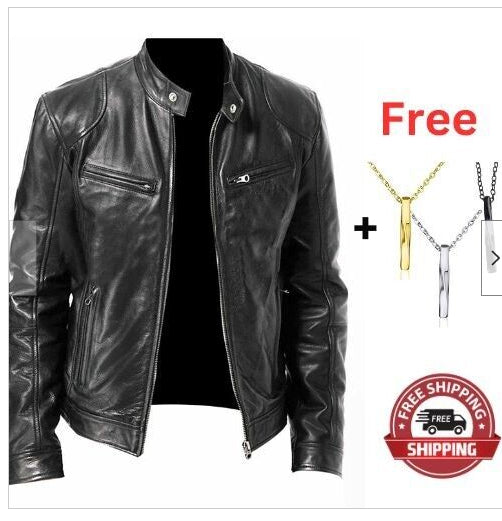 Gentleman's Warm Zipper Cardigan Pocket Decorated Pu Leather Coat LadyShow.Store