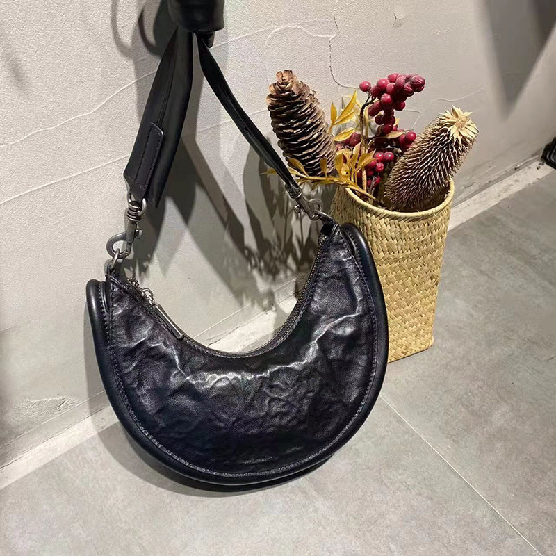 Women's Folded New Top Layer Cowhide Crossbody Dumpling Bag LadyShow.Store