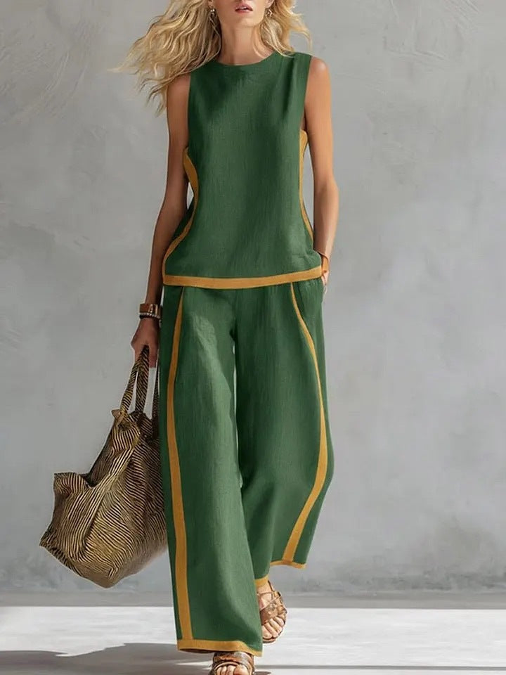 Summer Suits Round-neck Sleeveless Vest Top And High-waist Wide-leg Pants Casual Loose Set NorixaFashion.com