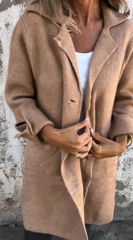 Lapel Single Breasted Cardigan With Pockets Fashion Color Solid Mid-Length Outwear Coat Womens Clothing LadyShow.Store