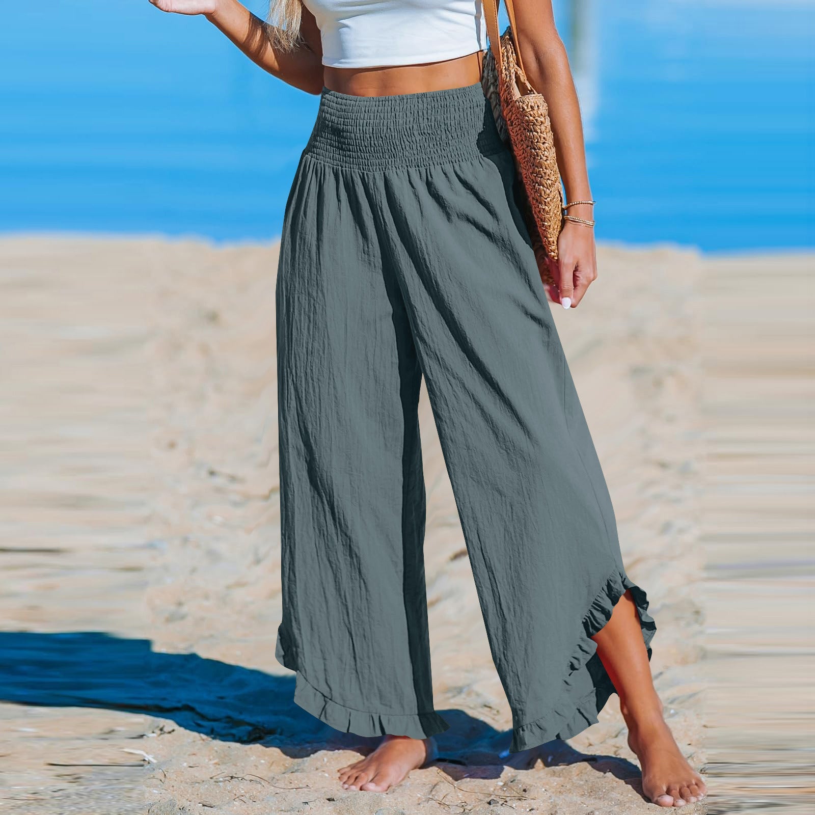 Pleated Asymmetrical Hem Cotton-linen Loose-fit Casual Pants NorixaFashion.com