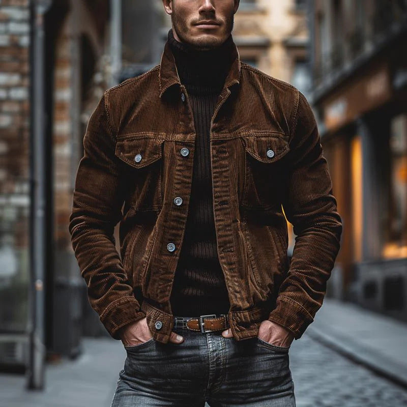 Men's Pocket Corduroy Long Sleeve Striped Lapel Jacket LadyShow.Store