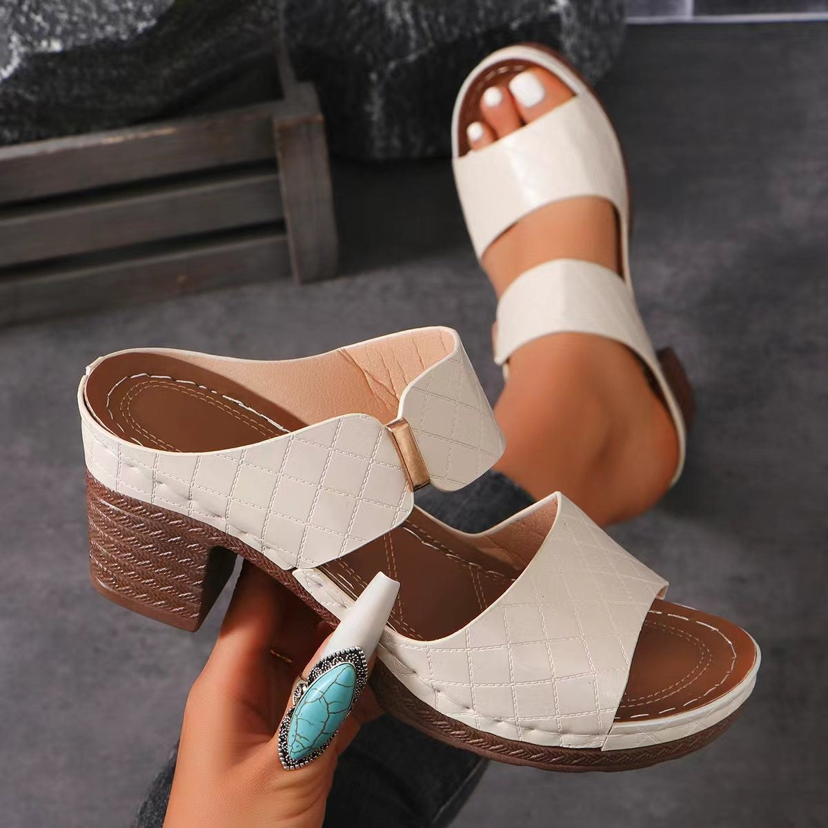 Chunky Heel Sandals Summer Round Toe Plaid Slides Slippers Fashion Outdoor High Heels Shoes For Women CJD