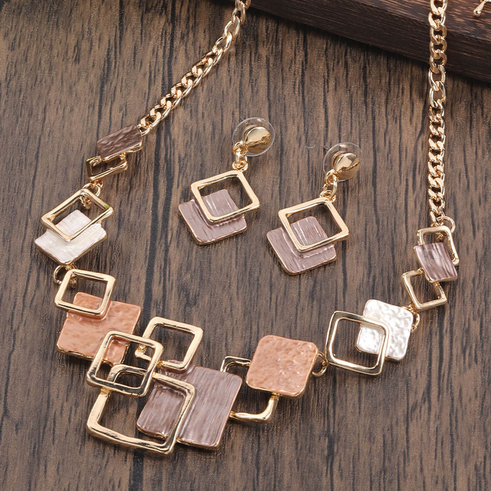 Necklace And Earrings Kit Zinc Alloy Geometric Square Color Oil Necklace Hollow Female LadyShow.Store
