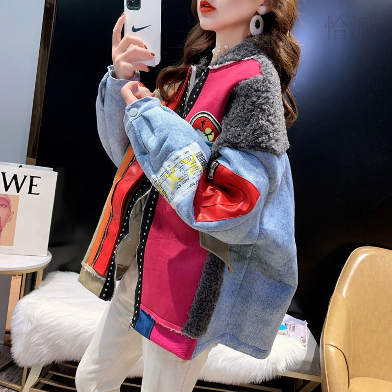 Women's Winter Loose Plus Size Lamb Wool Stitching Denim Coat Best YouTube Store