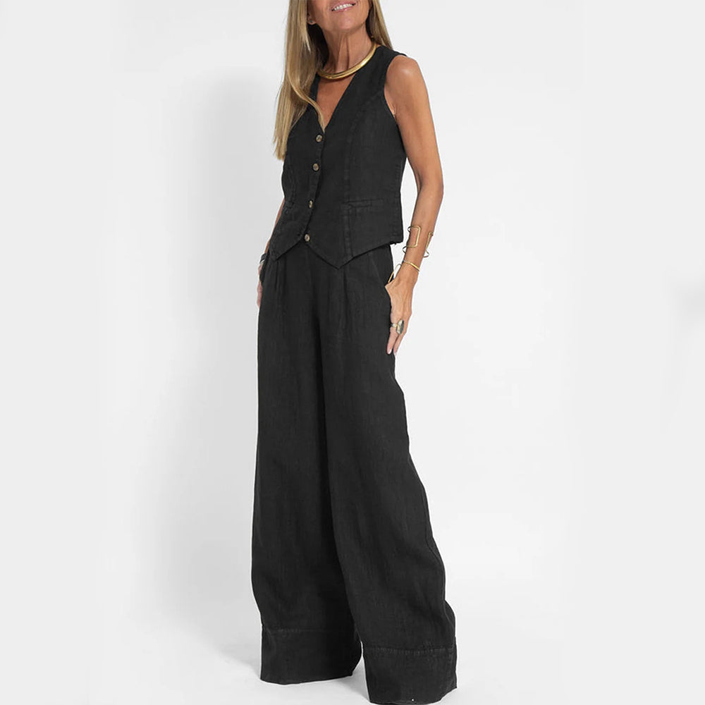 Summer Vest Suits V-neck Botton Sleeveless Top And Loose Straight Trousers Casual Womens Clothing NorixaFashion.com
