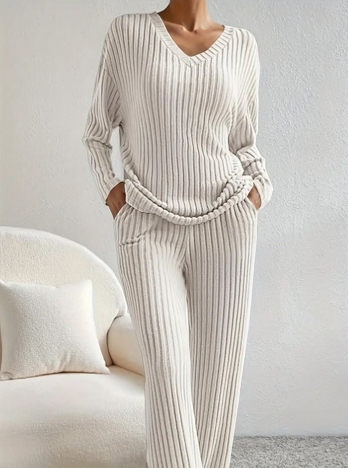 2026 Fall Winter New Arrival TwoPiece Outfit,Elegant Loose VNeck Knit Set With StraightLeg Pants NorixaFashion.com