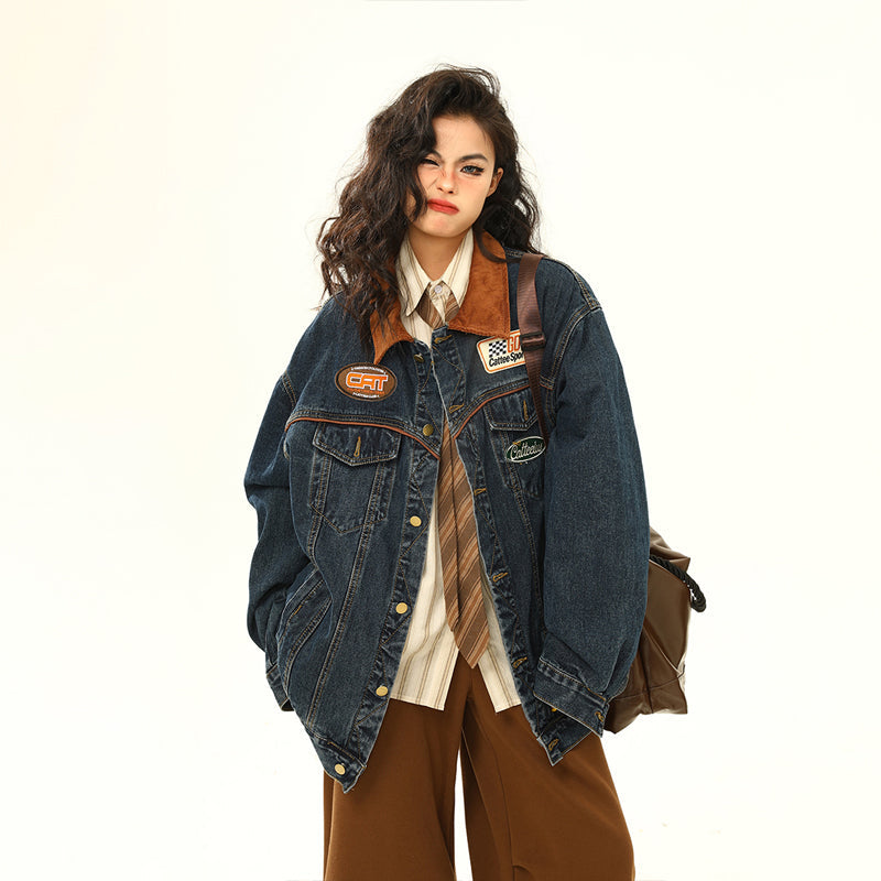 Vintage Denim Jacket Men's And Women's Motorcycle Loose Lapels Jacket LadyShow.Store