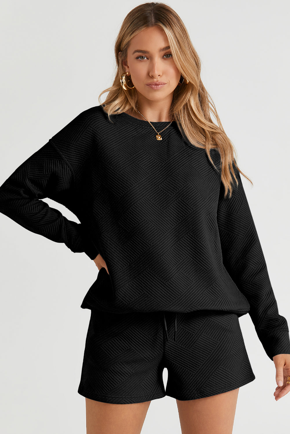Adalyn Textured Long Sleeve Top and Drawstring Shorts Set LuxuryLifeWay Online Store