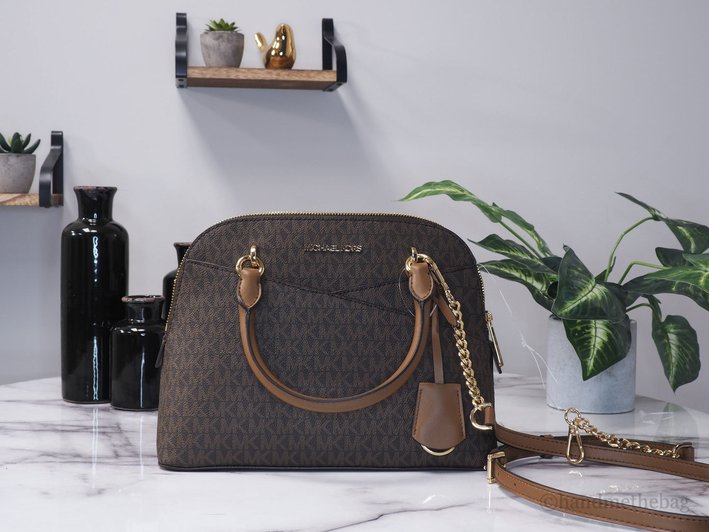 Michael Kors Jet Set Travel Medium Brown Signature PVC Dome X Cross Satchel Bag LadyShow.Store