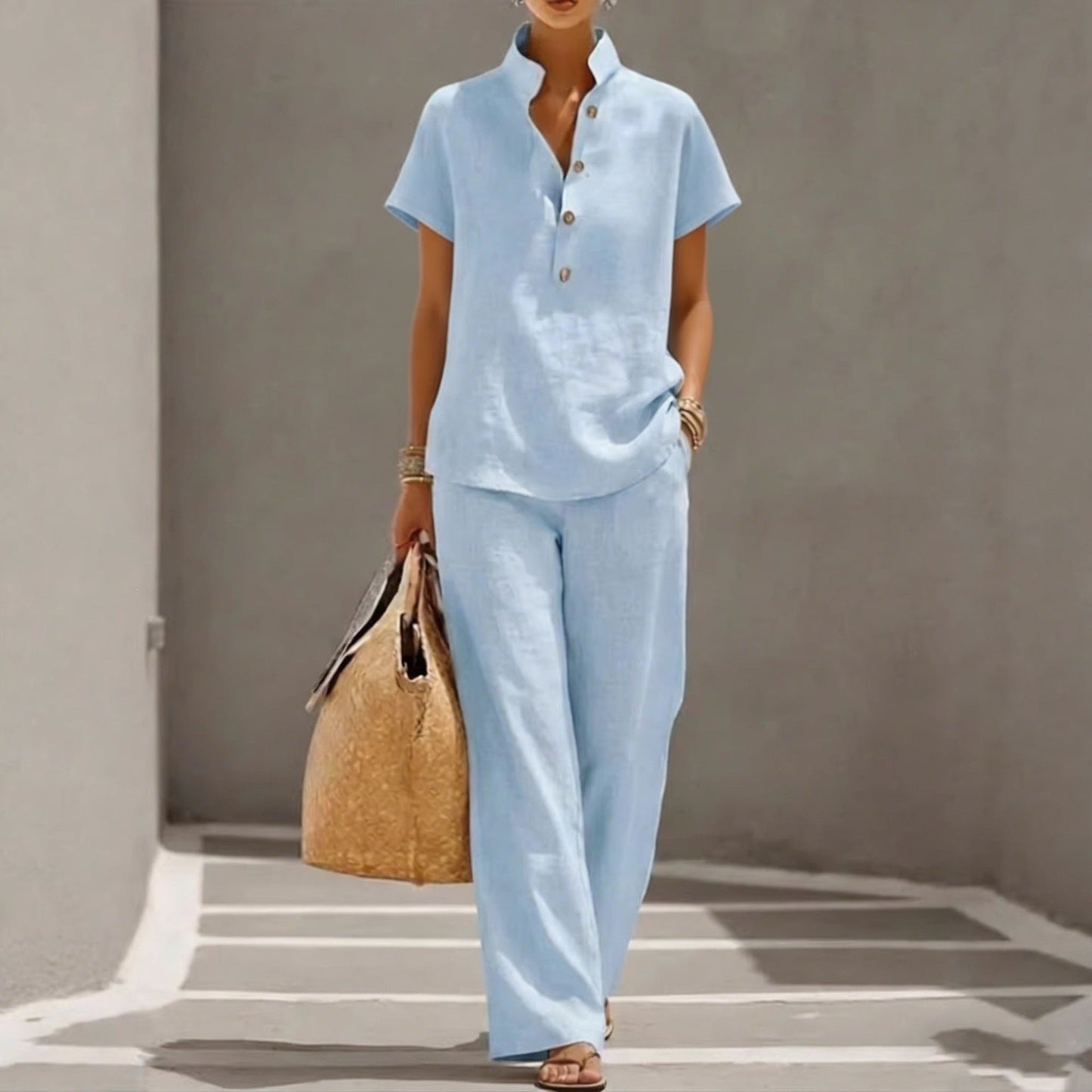 Casual Lazy-Style Cardigan Short-Sleeve Pants Solid-Color Set NorixaFashion.com