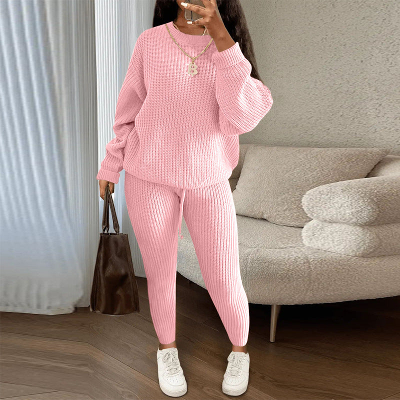 Winter Ribbed Knit Suits Fashion Loose Pullover Sweater Top And Drawstring Pants For Women Trouser Set Clothing LadyShow.Store