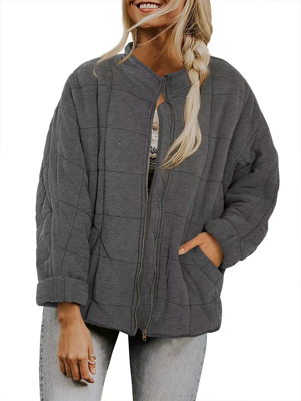 Winter Zip-up Stand Collar Coat With Pockets Fashion Solid Color Plaid Long Sleeved Jacket Women's Clothing LadyShow.Store