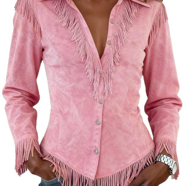 Western Cowboy-Style Suede Fringe Slim-Fit Long-Sleeve Shirt NorixaFashion.com