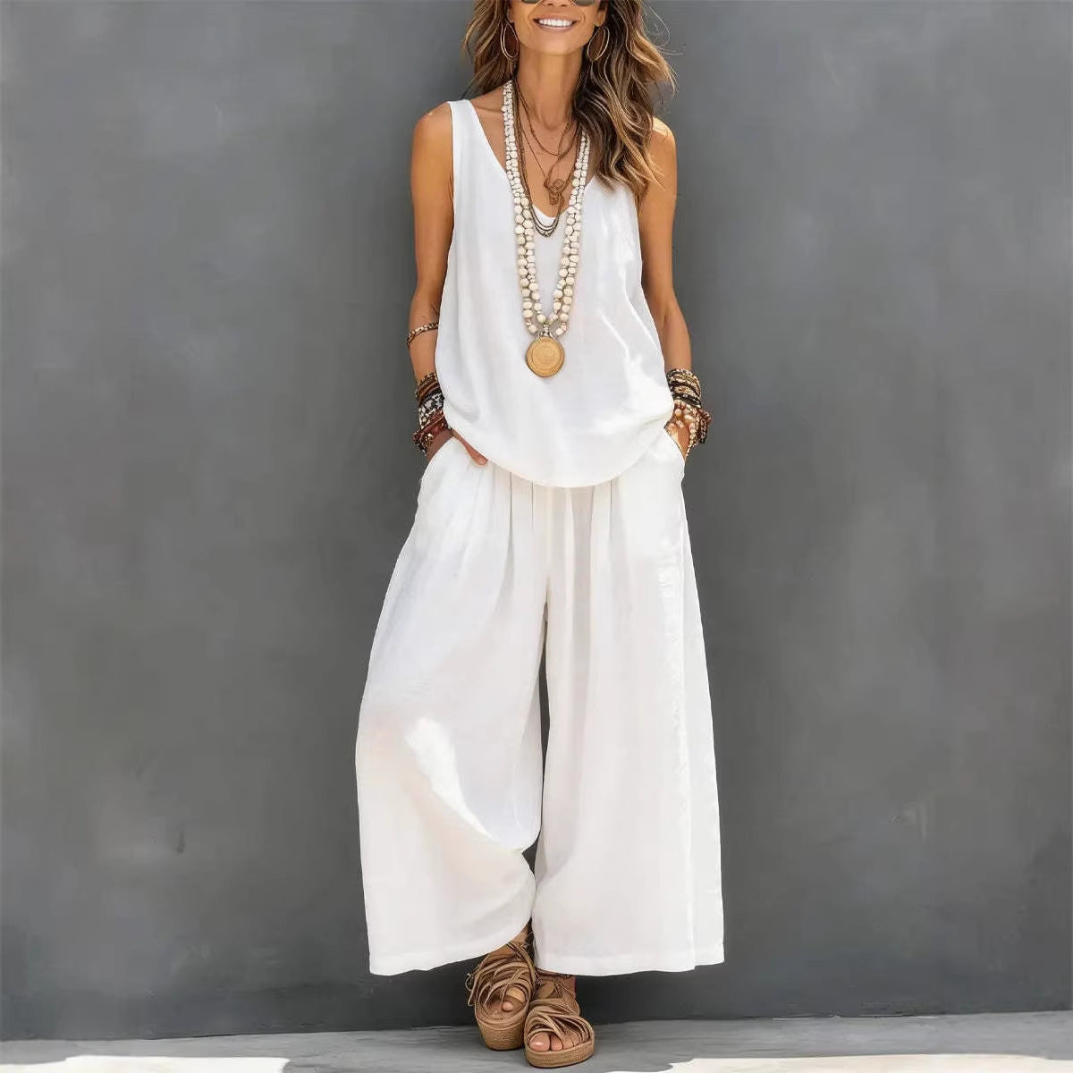 Womens Solid-Colored Casual Sleeveless Tank Top And Wide-Leg Pants Cotton-Linen Set LadyShow.Store