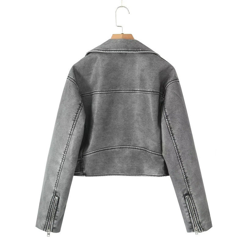 Women's Washed Leather Worn Motorcycle Leisure Jacket Leather Coat LadyShow.Store