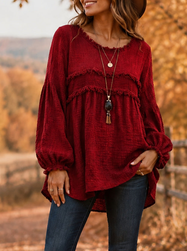 Casual Patchwork Tassel Fringe Crew-Neck T-Shirt Top NorixaFashion.com