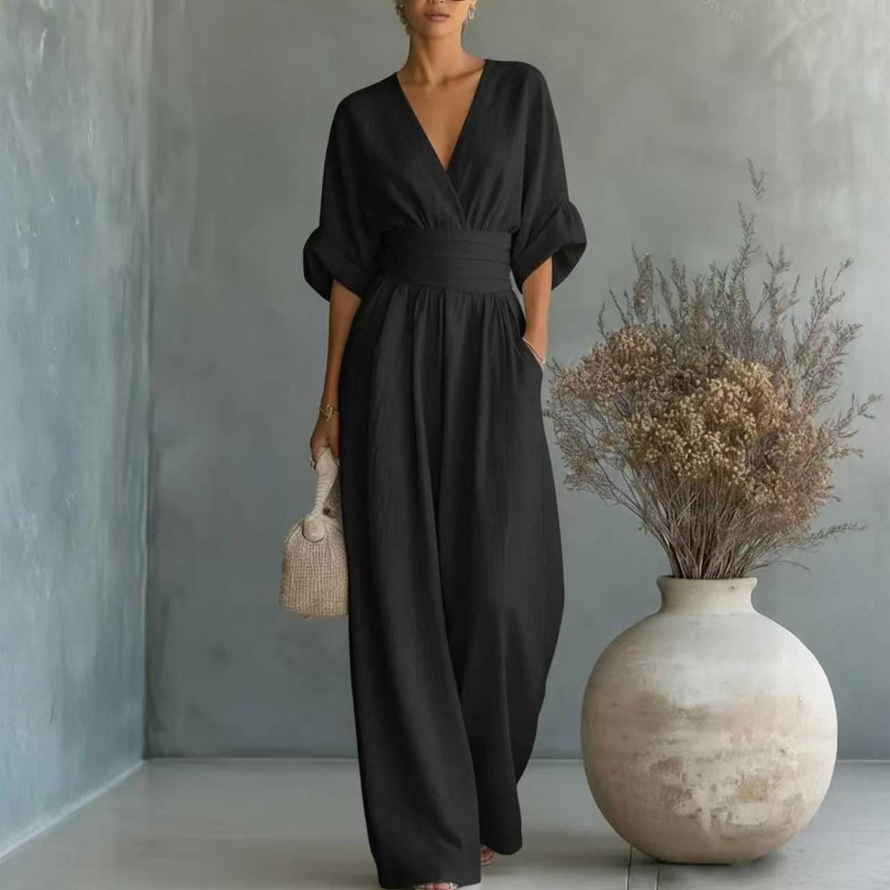 Elegant Waist-cinching V-neck Slimming Chic Jumpsuit For Women NorixaFashion.com