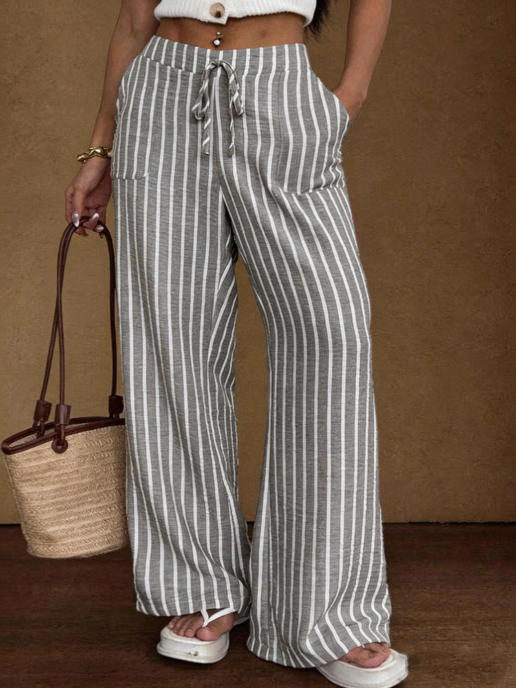 Striped Loose Commuter Casual Lace-up Elastic-waist Wide-leg Trousers NorixaFashion.com