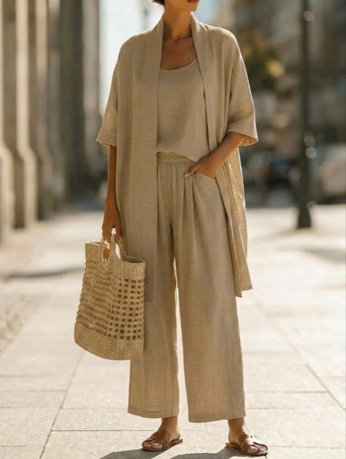 Three-piece Suit Women's Mid-length Cardigan Tank Top And Straight-leg With Pockets Fashion Trousers Set NorixaFashion.com