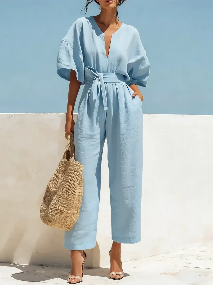 Fashionable V-Neck Solid Color Cotton-Linen Jumpsuit For Women LadyShow.Store