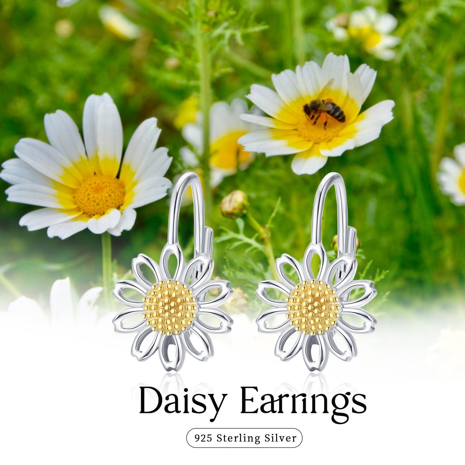 Daisy Leverback Hoop Earrings in White Gold Plated Sterling Silver LadyShow.Store