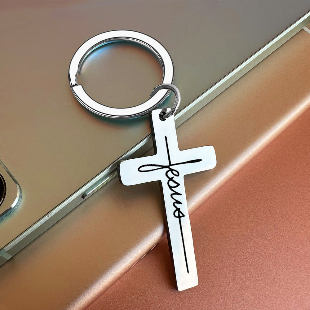 Personality Trend Stainless Steel Faith Cross Scripture Lettering Metal Keychains LadyShow.Store