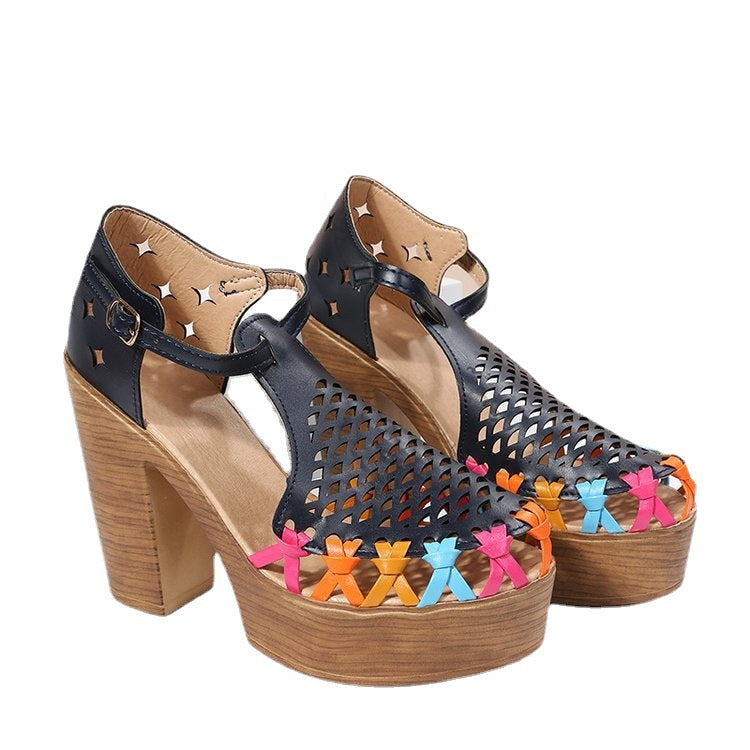 Printed Ethnic Style High-heeled Women's Floral Buckle Chunky Heel Toe Roman Sandals LadyShow.Store