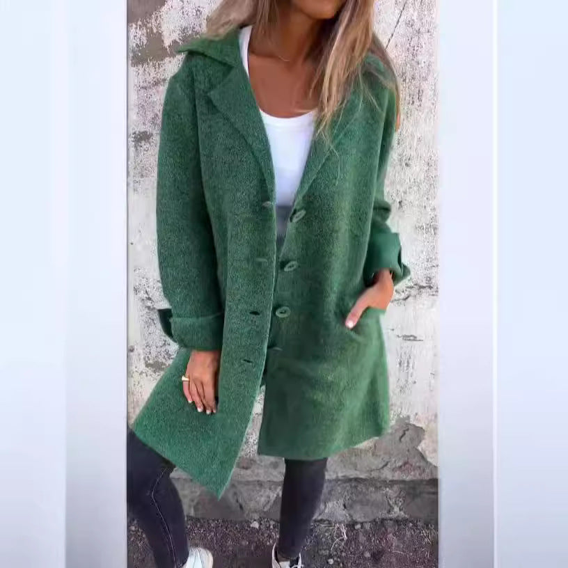 Lapel Single Breasted Cardigan With Pockets Fashion Color Solid Mid-Length Outwear Coat Womens Clothing LadyShow.Store