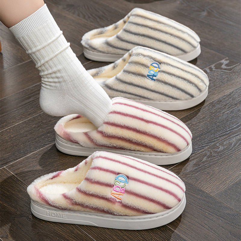 Ins Plush Striped Slippers Winter Warm Letter Embroidered Shoes Fashion Floor Bedroom Home Slipper For Women Men Couples CJD