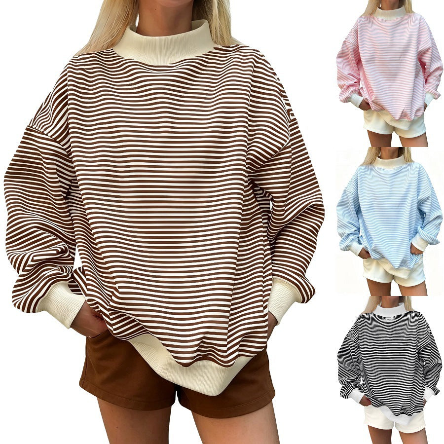 2026 Women's Fall New Fashion Casual Striped Long-Sleeved Pullover Loose Sweatshirt NorixaFashion.com