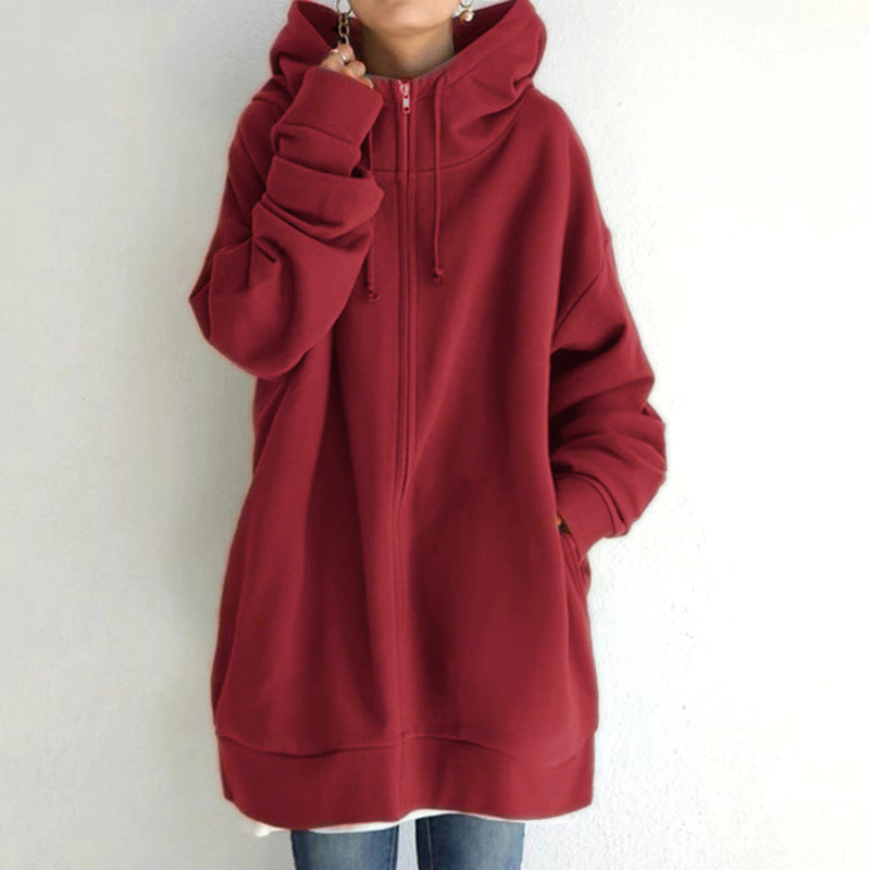 Zipper Hooded Long Plus Fleece Sweatshirt