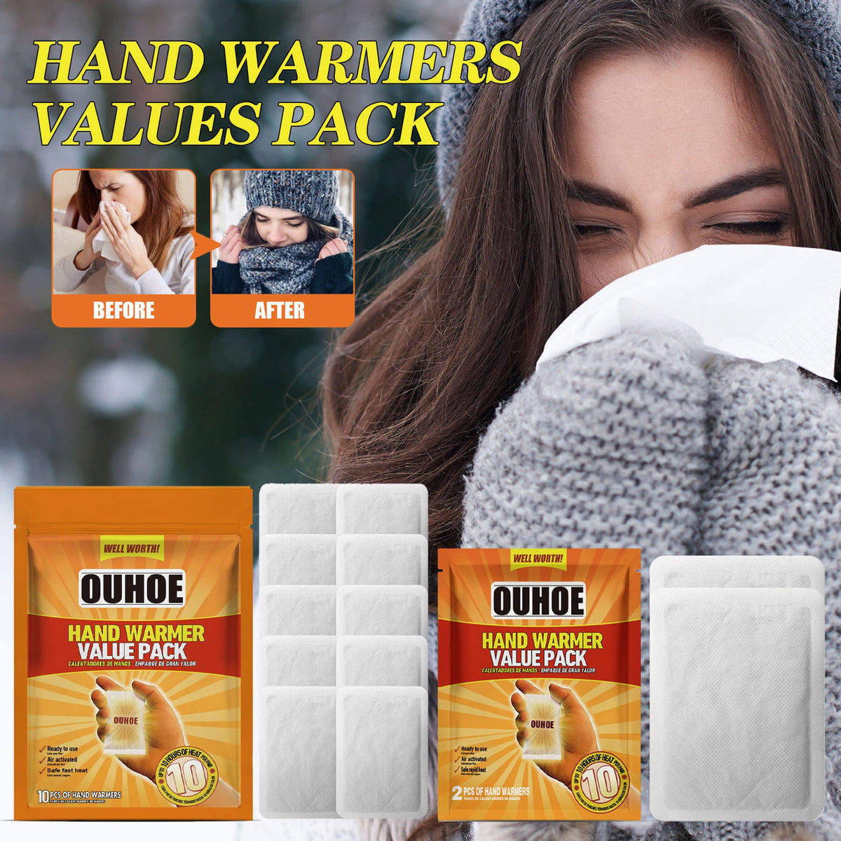 One-time Hand Warmers, 2 Pieces Per Bag. The Bag Measures 12x15 Cm. The Hand Warmers Are 9x11.8 Cm. Tri Light Beauty