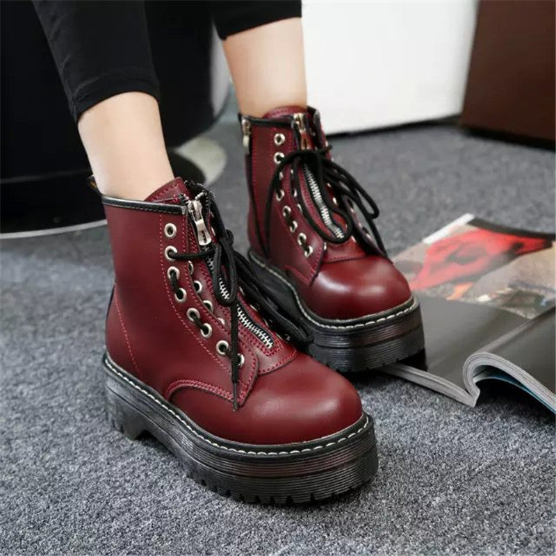 Round Toe Front Lace Up Womens Boots Mid Tube Martin Boots LadyShow.Store