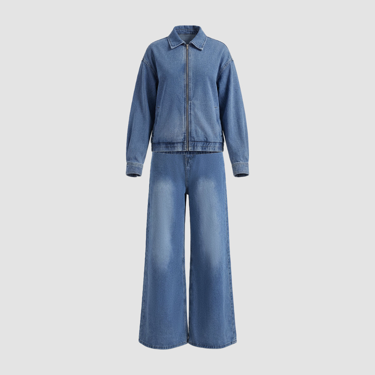 Light Blue Denim Cropped Jacket And Wide-leg Jeans Set NorixaFashion.com