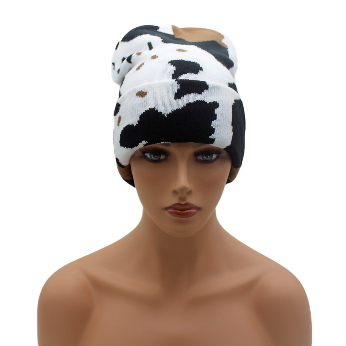 Winter Warm Cow Pattern Knitted Hat For Men And Women Curled Edge Woolen Hat