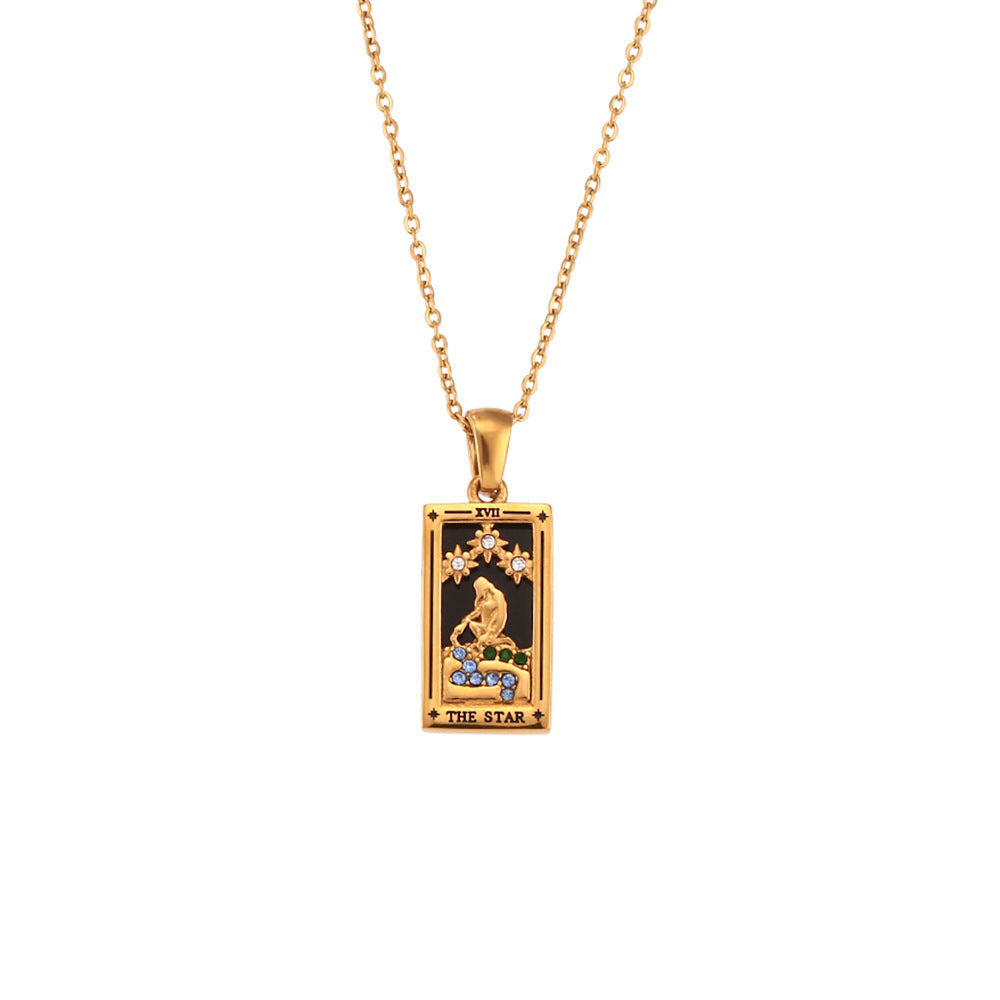 Fashion Tarot Necklace With Rhinestones Diamond Set Pendant Stainless Steel Rectangular Drip Necklace Jewelry CJD2