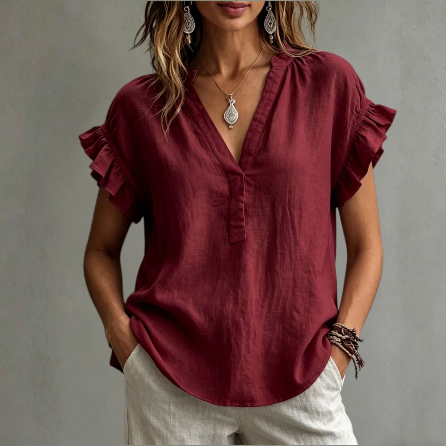 Women's Casual V-Neck Cotton-Linen Blouse Top Summer Ruffle Short-Sleeve Solid Color Office Daily Wear Shirts NorixaFashion.com